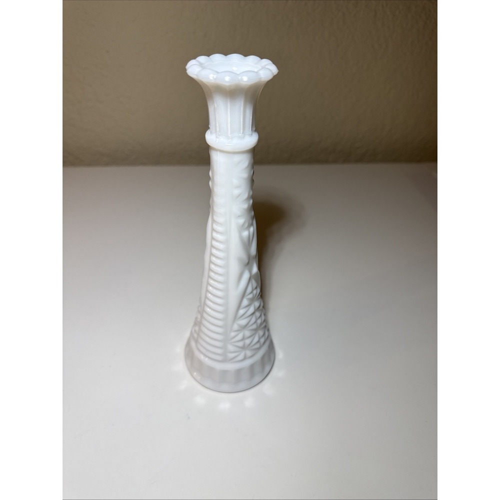 Vintage Milk Glass Bud Vase‎ Tall Scalloped Rim Geometric Pattern Unmarked 9"
